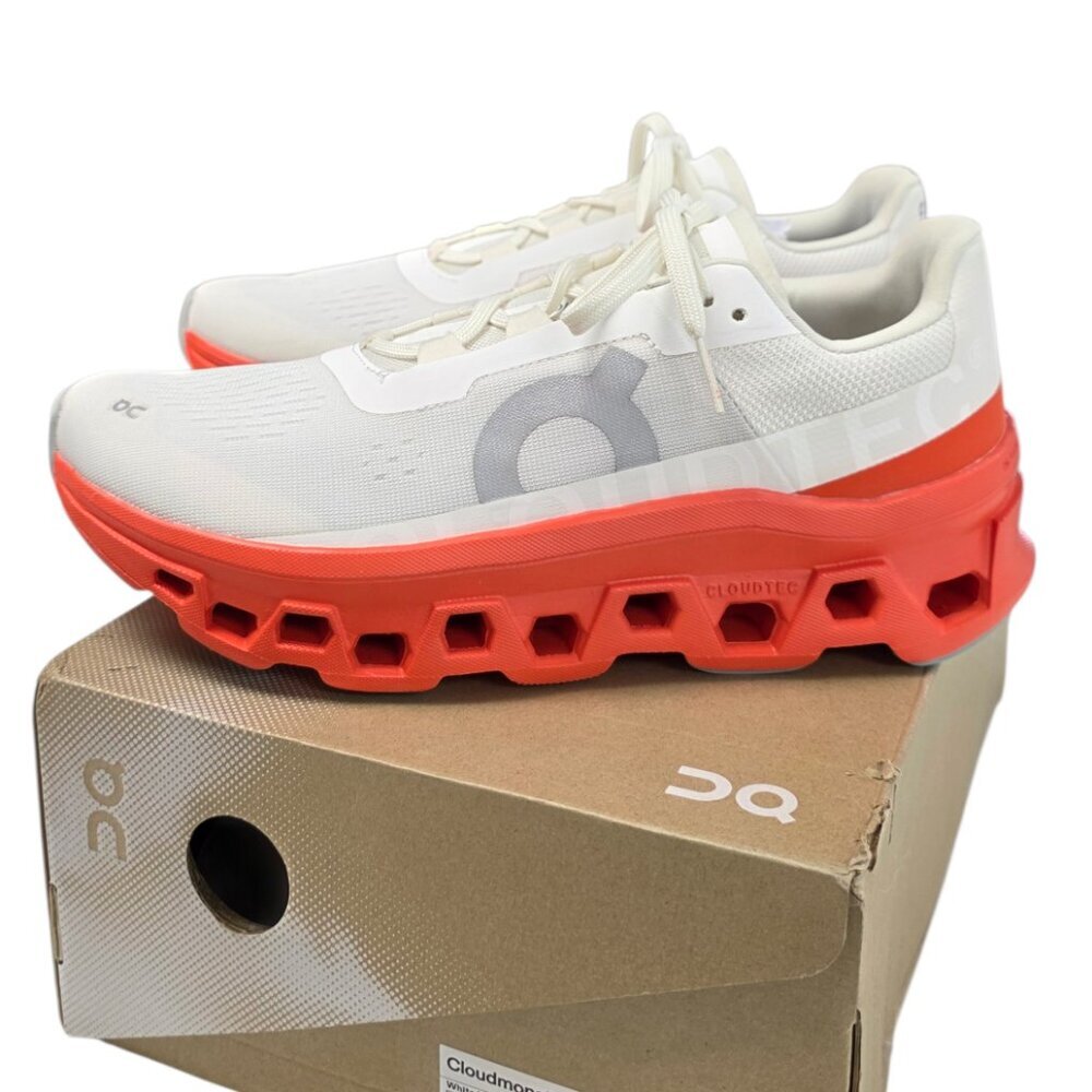 ON Cloudmonster Sneakers, White/Flame, Lifestyle, Athletic, Women's Size 10